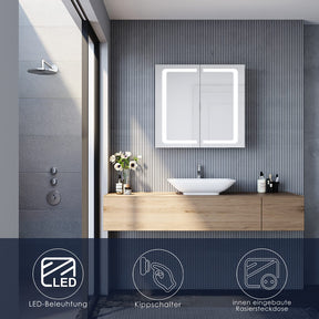 SONNI 70x65 cm Edelstahl LED Spiegelschrank mit Beleuchtung, Steckdose und Kippschalter fürs Badezimmer.