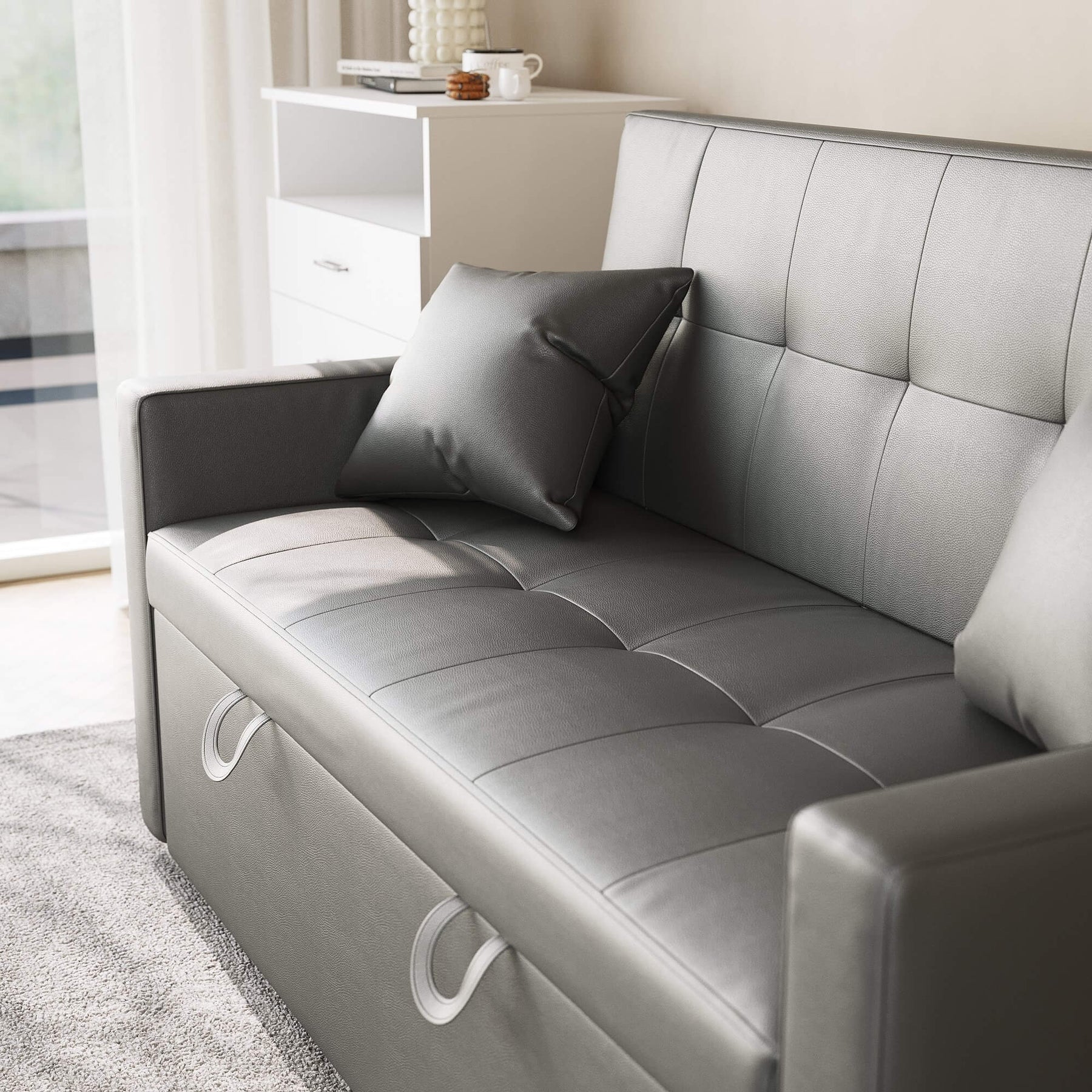 SONNI Sofa 140x94cm mit schlaffunktion, modernen Klein Schlafsofa Dunkelgrau, Bettsofa 2 Sitzer mit Kissen, Rückenlehnenwinkel verstellbar Superfaser Kunstleder