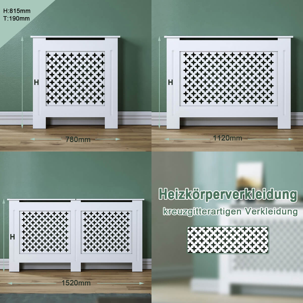 SONNI Heizkörperverkleidung Abdeckung Heizungsverkleidung weiß mit Kreuzgitter für Wohnzimmer Flur Diele B1120 x T190 x H815 mm