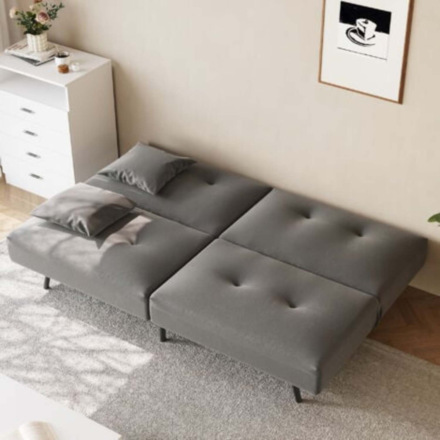 SONNI Schlafsofa 3-in-1, Klappbares Sofabett mit Verstellbarer Rückenlehne(100° 135° 180°), 2 Kissen, Schlaffunktion, Baby-Samt, Für Wohnzimmer, Gästezimmer & kleine Räume, Dunkelgrau, 180x89x78cm