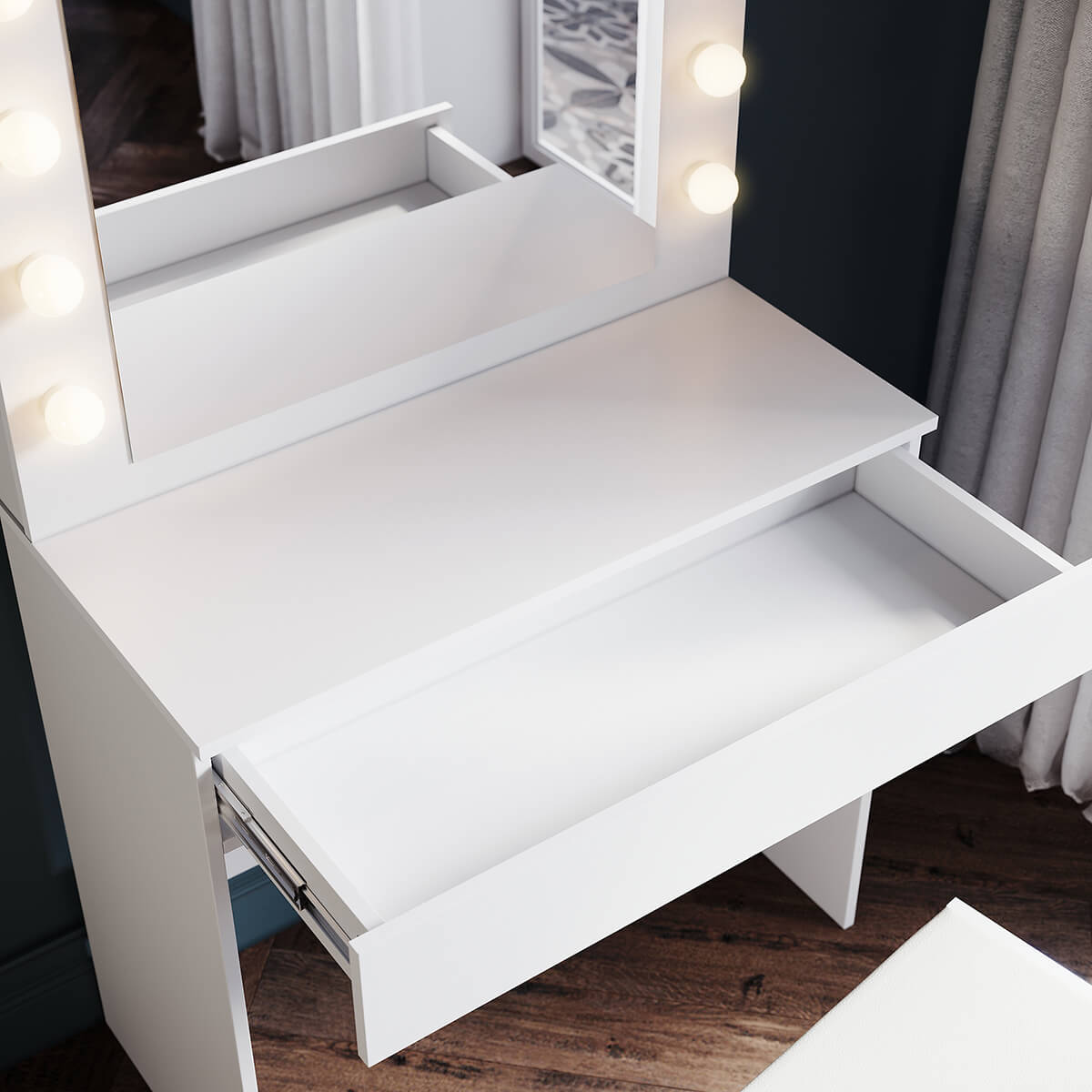 SONNI Schminktisch mit Hocker Spiegel, Kosmetiktisch mit Schubladen für Schlafzimmer, Frisiertisch Schreibtisch aus MFC und Massivholz, Kinderleichte Montage, Weiß