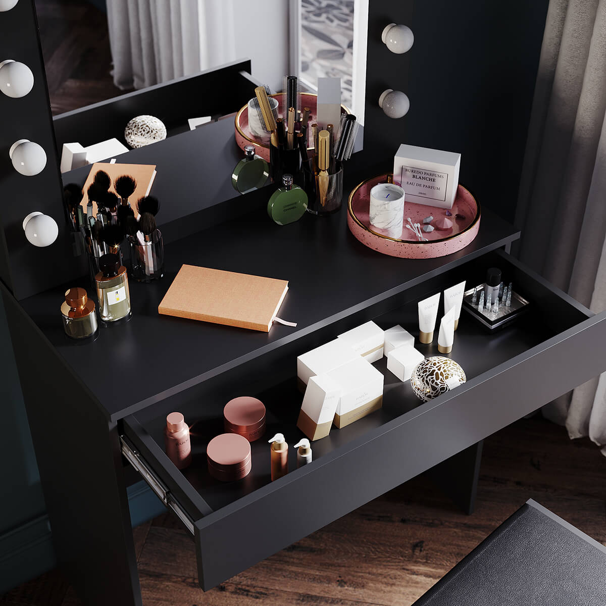SONNI Schminktisch mit Hocker Spiegel, Kosmetiktisch mit Schubladen für Schlafzimmer, Frisiertisch Schreibtisch aus MDF und Massivholz, Kinderleichte Montage