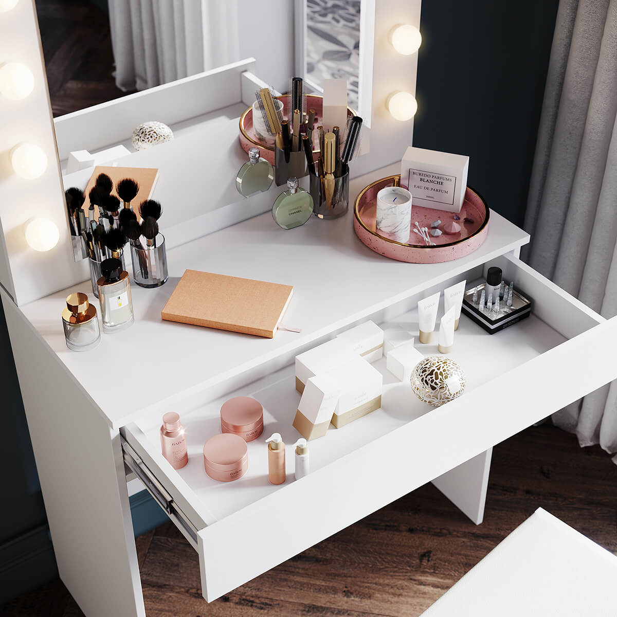 SONNI Schminktisch mit Hocker Spiegel, Kosmetiktisch mit Schubladen für Schlafzimmer, Frisiertisch Schreibtisch aus MFC und Massivholz, Kinderleichte Montage, Weiß