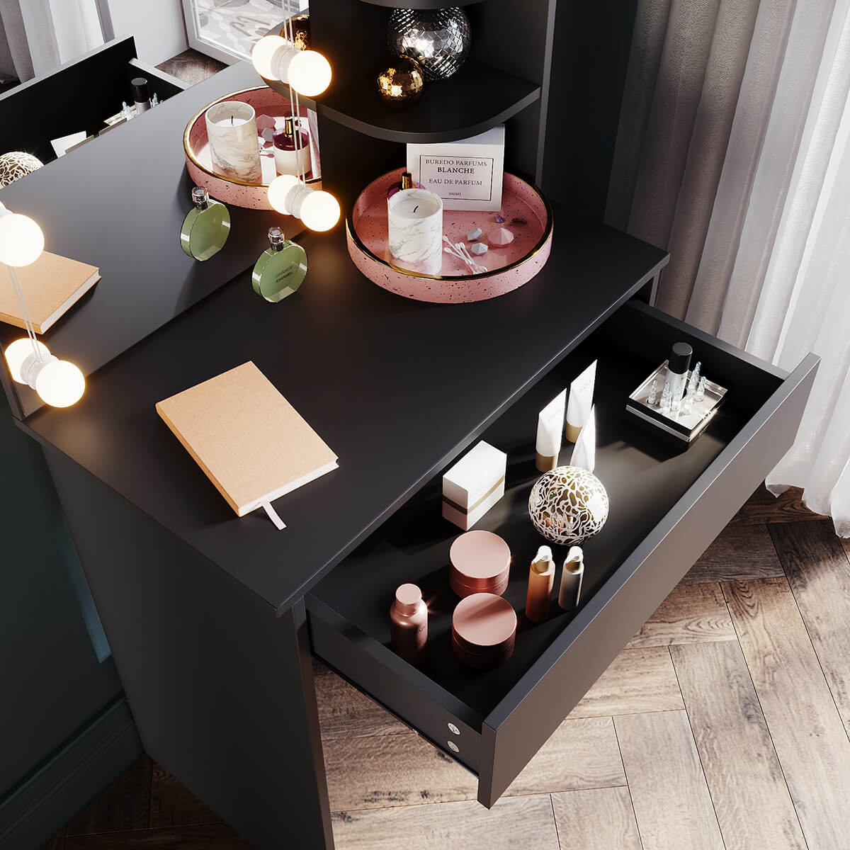 SONNI Schminktisch klein mit Beleuchtung und Spiegel, Schminktische mit Schubladen für Schlafzimmer, Einstellbare Helligkeit, schwarz