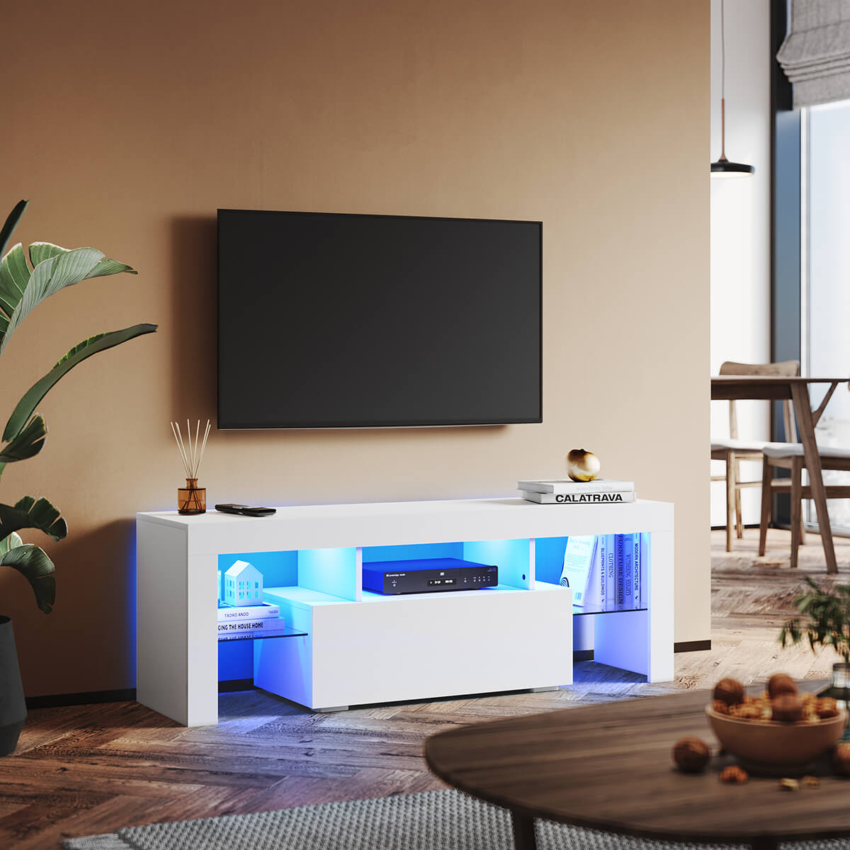 SONNI TV Schrank Weiss, TV Board Hochglanz, mit LED Beleuchtung(12 Farben können eingestellt Werden), mit Klapptür, mit Glasregal, Griffloses Design