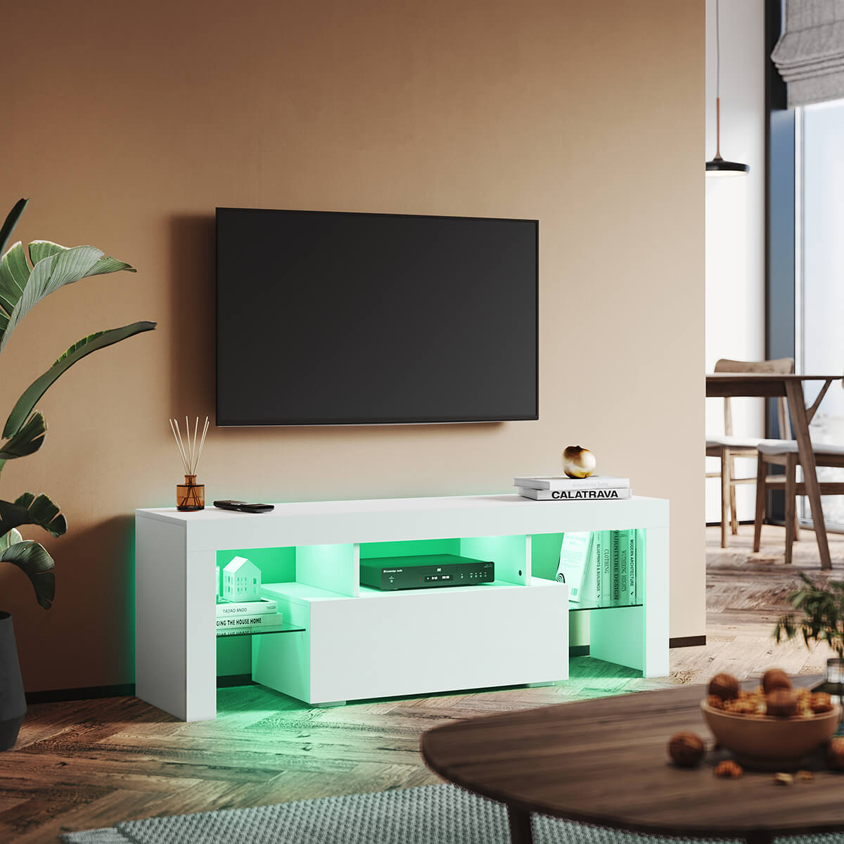 SONNI TV Schrank Weiss, TV Board Hochglanz, mit LED Beleuchtung(12 Farben können eingestellt Werden), mit Klapptür, mit Glasregal, Griffloses Design