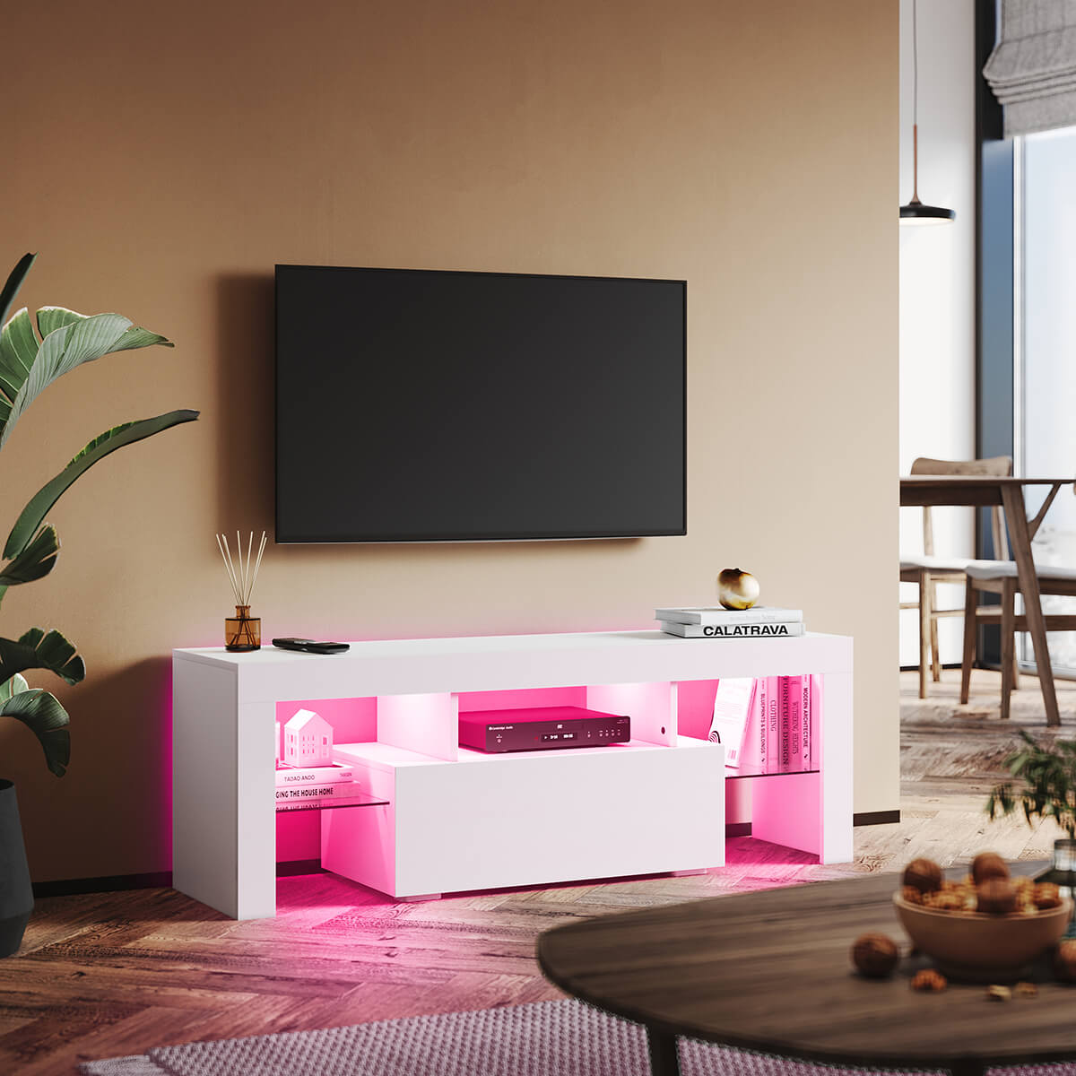 SONNI TV Schrank Weiss, TV Board Hochglanz, mit LED Beleuchtung(12 Farben können eingestellt Werden), mit Klapptür, mit Glasregal, Griffloses Design
