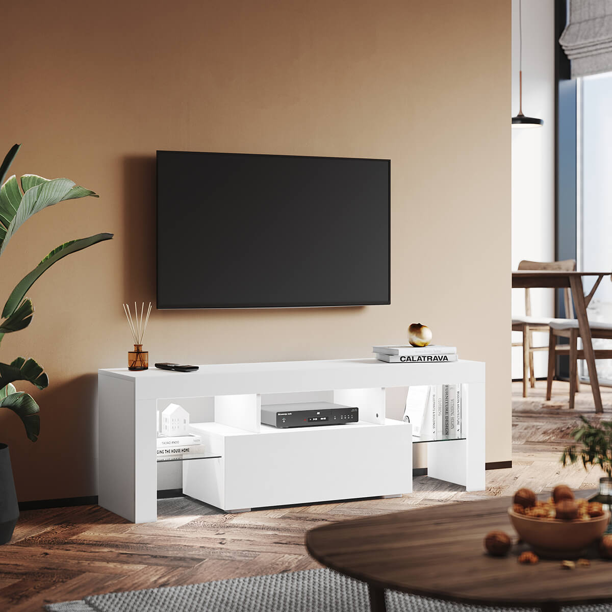 SONNI TV Schrank Weiss, TV Board Hochglanz, mit LED Beleuchtung(12 Farben können eingestellt Werden), mit Klapptür, mit Glasregal, Griffloses Design