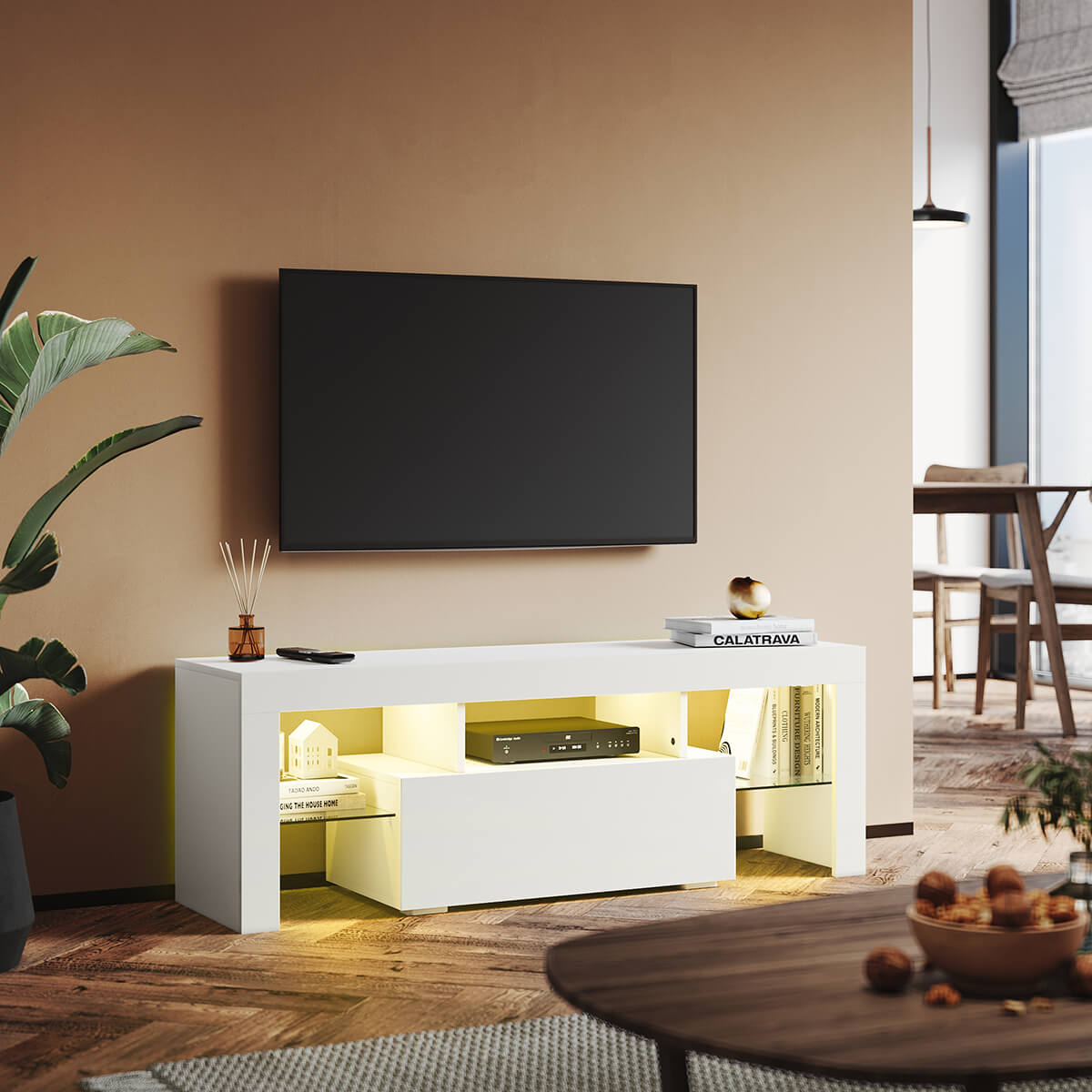 SONNI TV Schrank Weiss, TV Board Hochglanz, mit LED Beleuchtung(12 Farben können eingestellt Werden), mit Klapptür, mit Glasregal, Griffloses Design