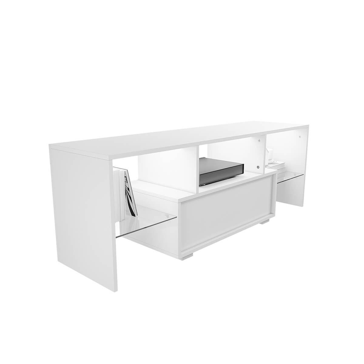 SONNI TV Schrank Weiss, TV Board Hochglanz, mit LED Beleuchtung(12 Farben können eingestellt Werden), mit Klapptür, mit Glasregal, Griffloses Design