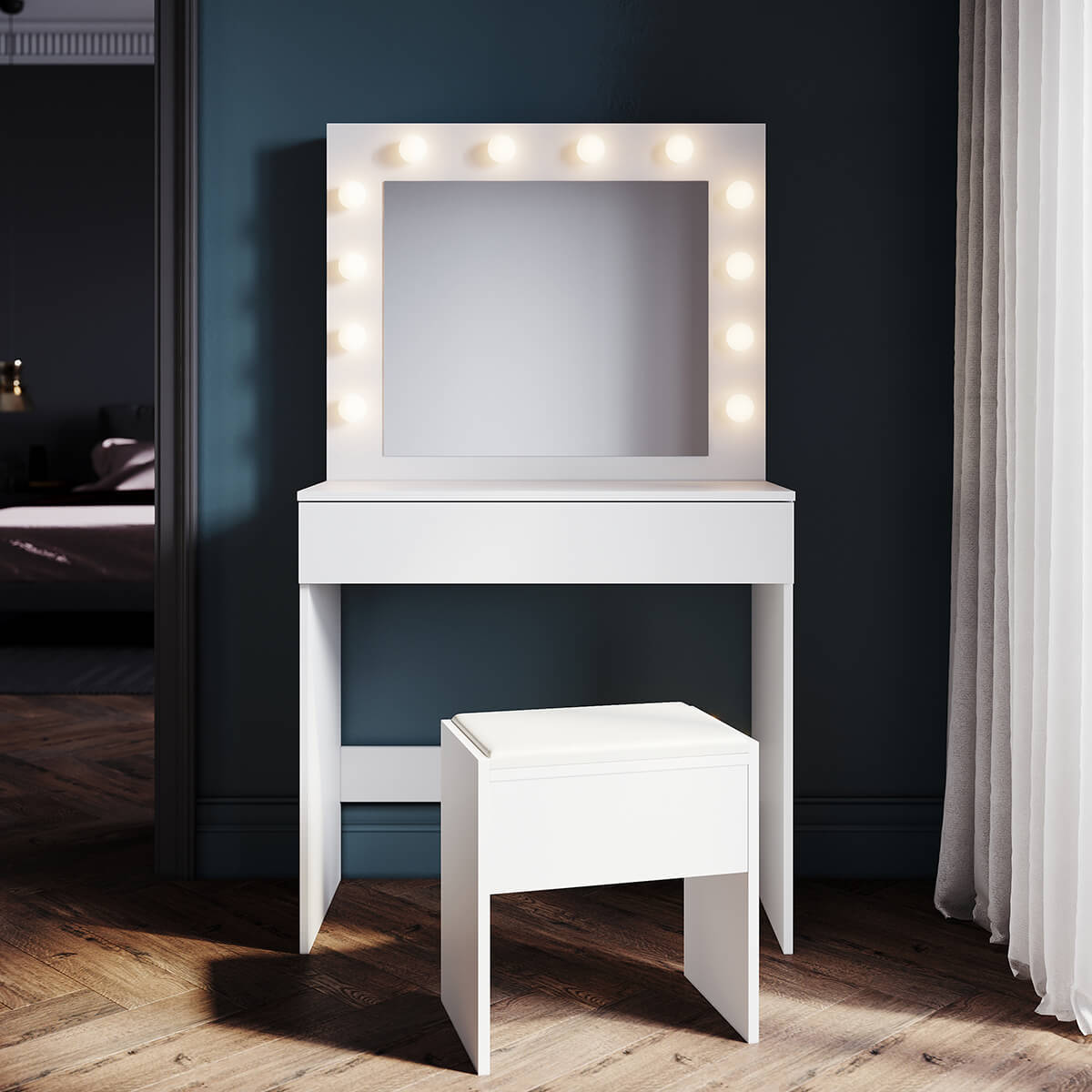 SONNI Schminktisch mit Hocker Spiegel, Kosmetiktisch mit Schubladen für Schlafzimmer, Frisiertisch Schreibtisch aus MFC und Massivholz, Kinderleichte Montage, Weiß