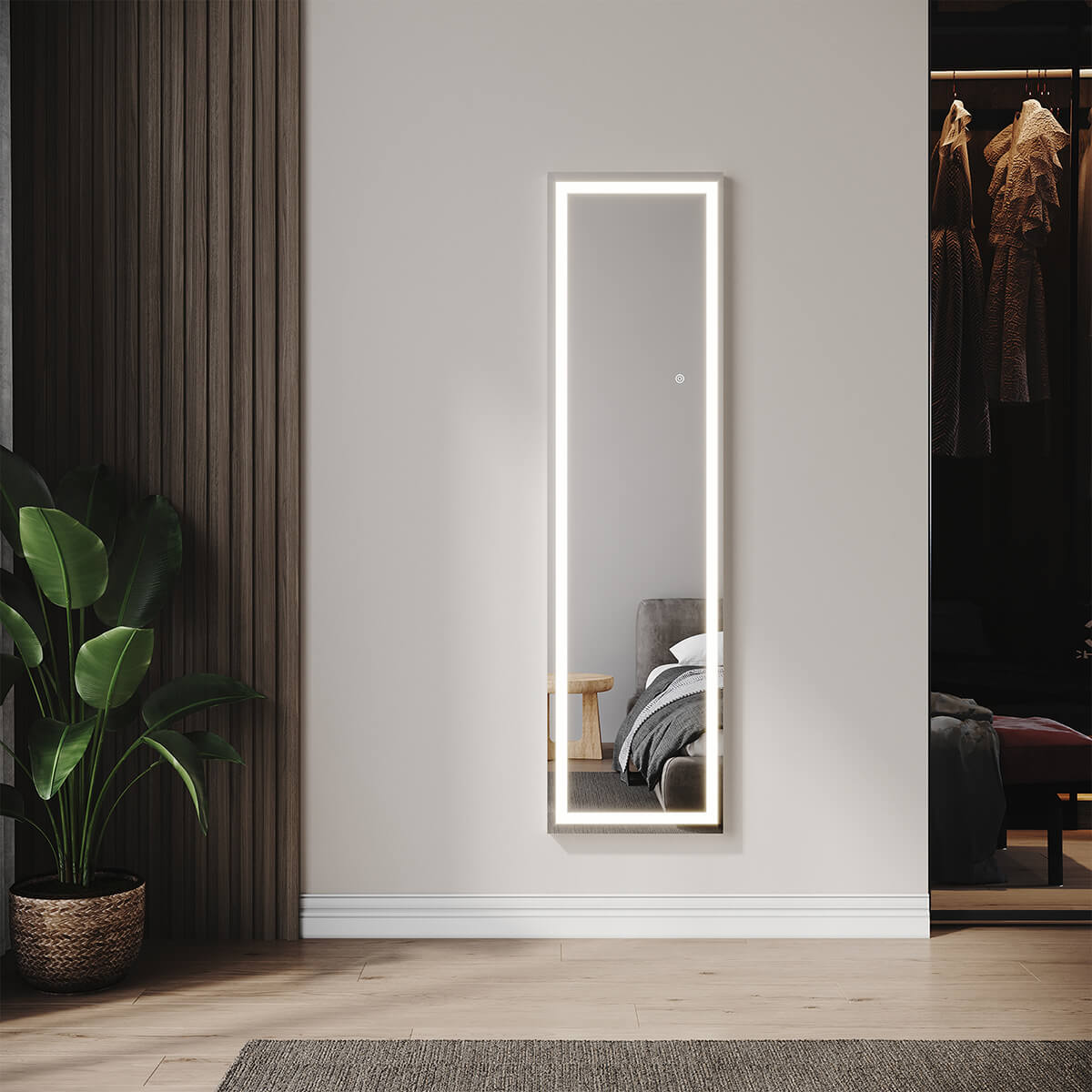 SONNI LED Bodenspiegel, beleuchteter Ganzkörperspiegel mit Touch-Schalter und Einstellbarer 3-Farben Lichtquelle, großer dimmbarer Steh-Kosmetikspiegel für Schlafzimmer 150 x 40 cm