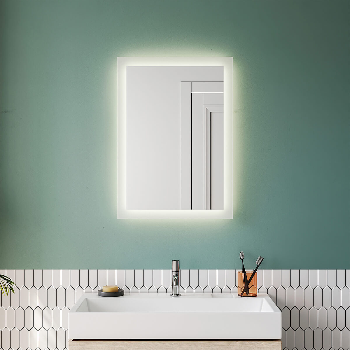 SONNI Badspiegel mit Beleuchtung 50×70 cm, Warmweiß LED Badspiegel, Badezimmerspiegel mit Beleuchtung, Wandspiegel für Badezimmer Vertikal/Horizontal Montage IP44 wasserdicht Wandschalter