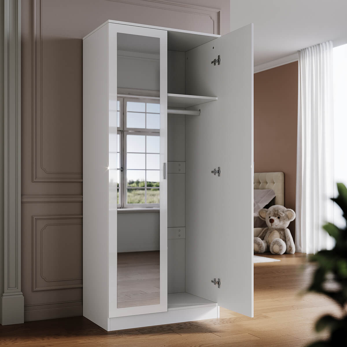 SONNI Modern Kleiderschrank 2-türig mit viel Stauraum, Vielseitiger Drehtürenschrank in Weiß mit Spiegeltür, Kleiner bis mittelgroßer Kleiderschrank