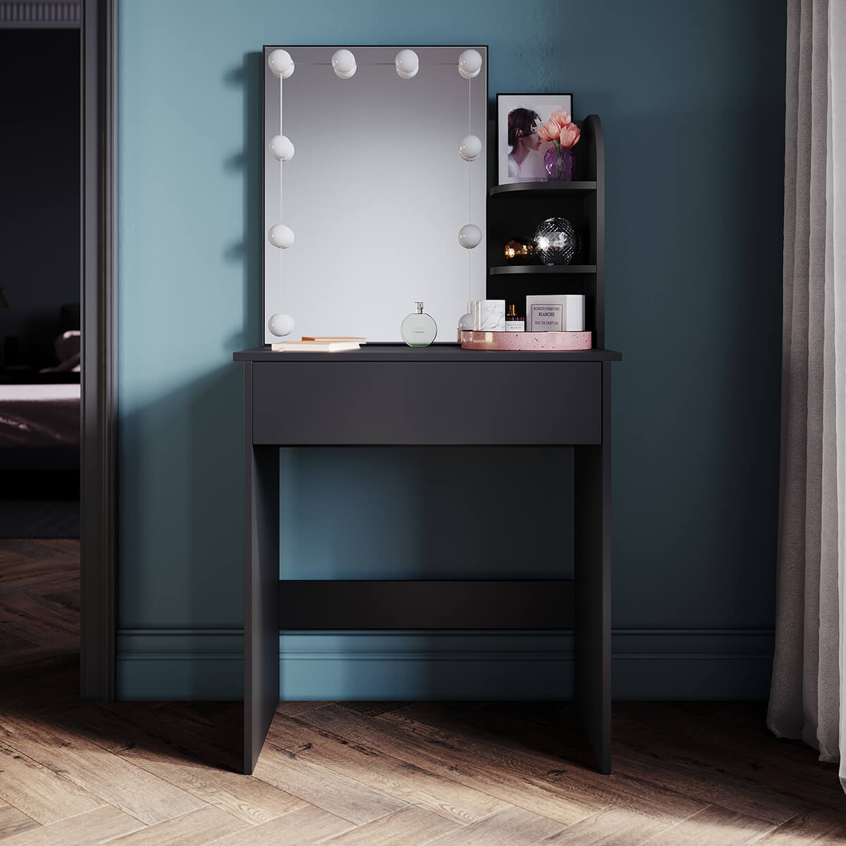 SONNI Schminktisch klein mit Beleuchtung und Spiegel, Schminktische mit Schubladen für Schlafzimmer, Einstellbare Helligkeit, schwarz