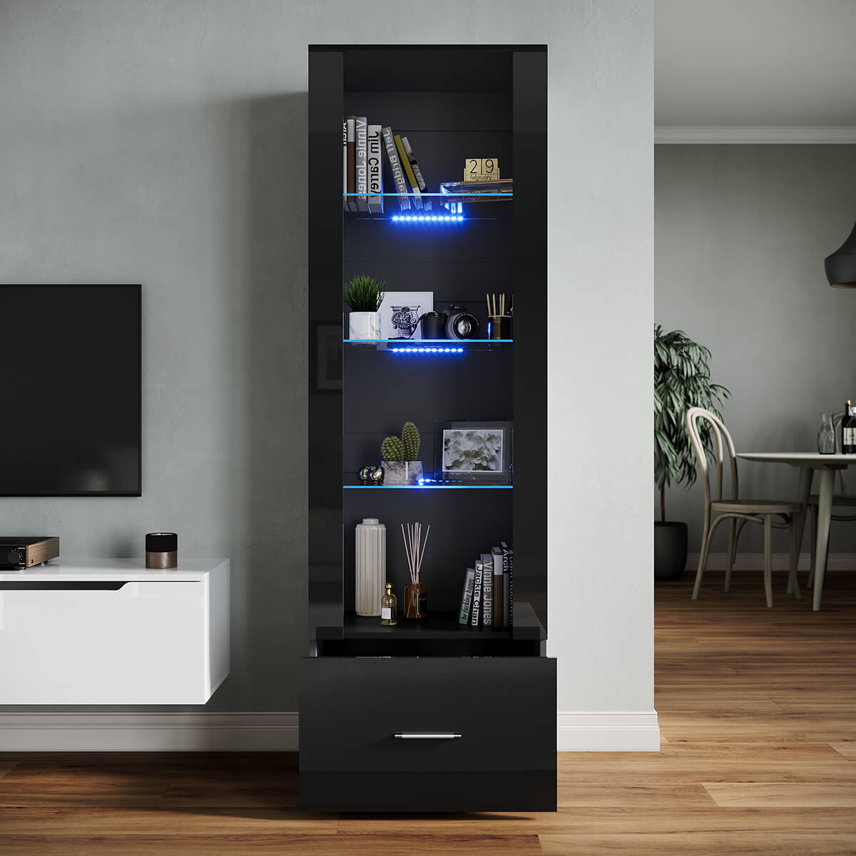 SONNI Vitrine mit LED-Beleuchtung, Glasvitrine mit Schubladen, weiß Hochglanzfront, Sammlervitrine, Vitrinenschrank