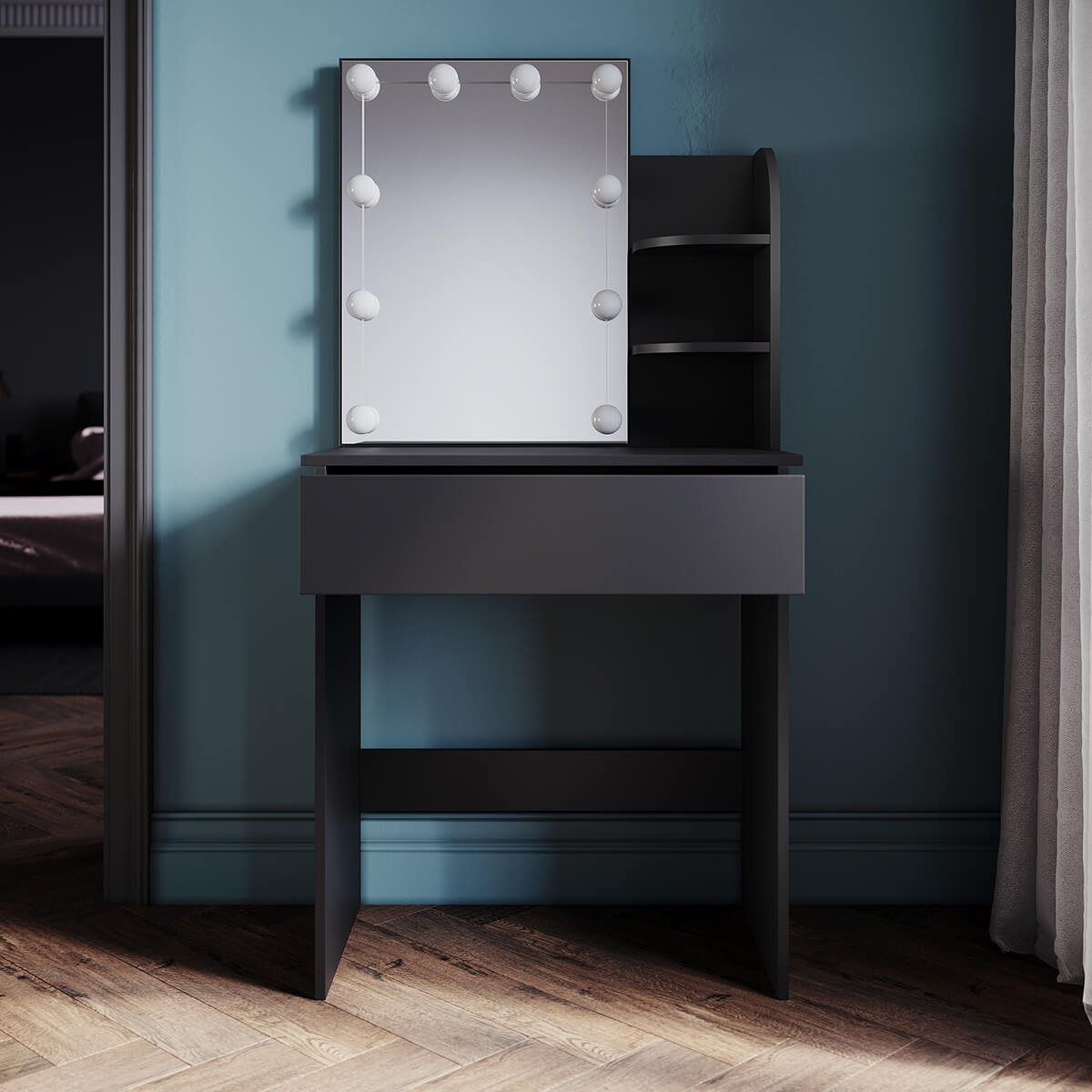 SONNI Schminktisch klein mit Beleuchtung und Spiegel, Schminktische mit Schubladen für Schlafzimmer, Einstellbare Helligkeit, schwarz
