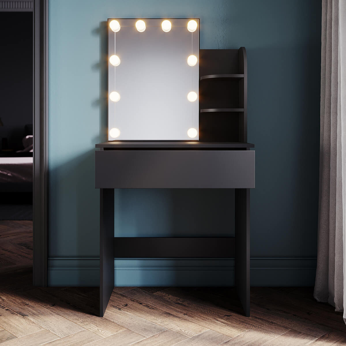 SONNI Schminktisch klein mit Beleuchtung und Spiegel, Schminktische mit Schubladen für Schlafzimmer, Einstellbare Helligkeit, schwarz