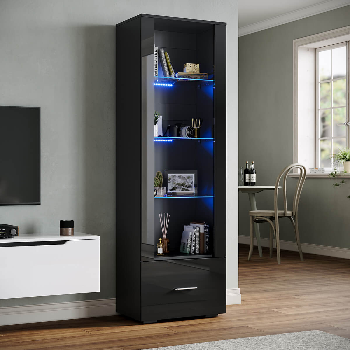 SONNI Vitrine mit LED-Beleuchtung, Glasvitrine mit Schubladen, weiß Hochglanzfront, Sammlervitrine, Vitrinenschrank