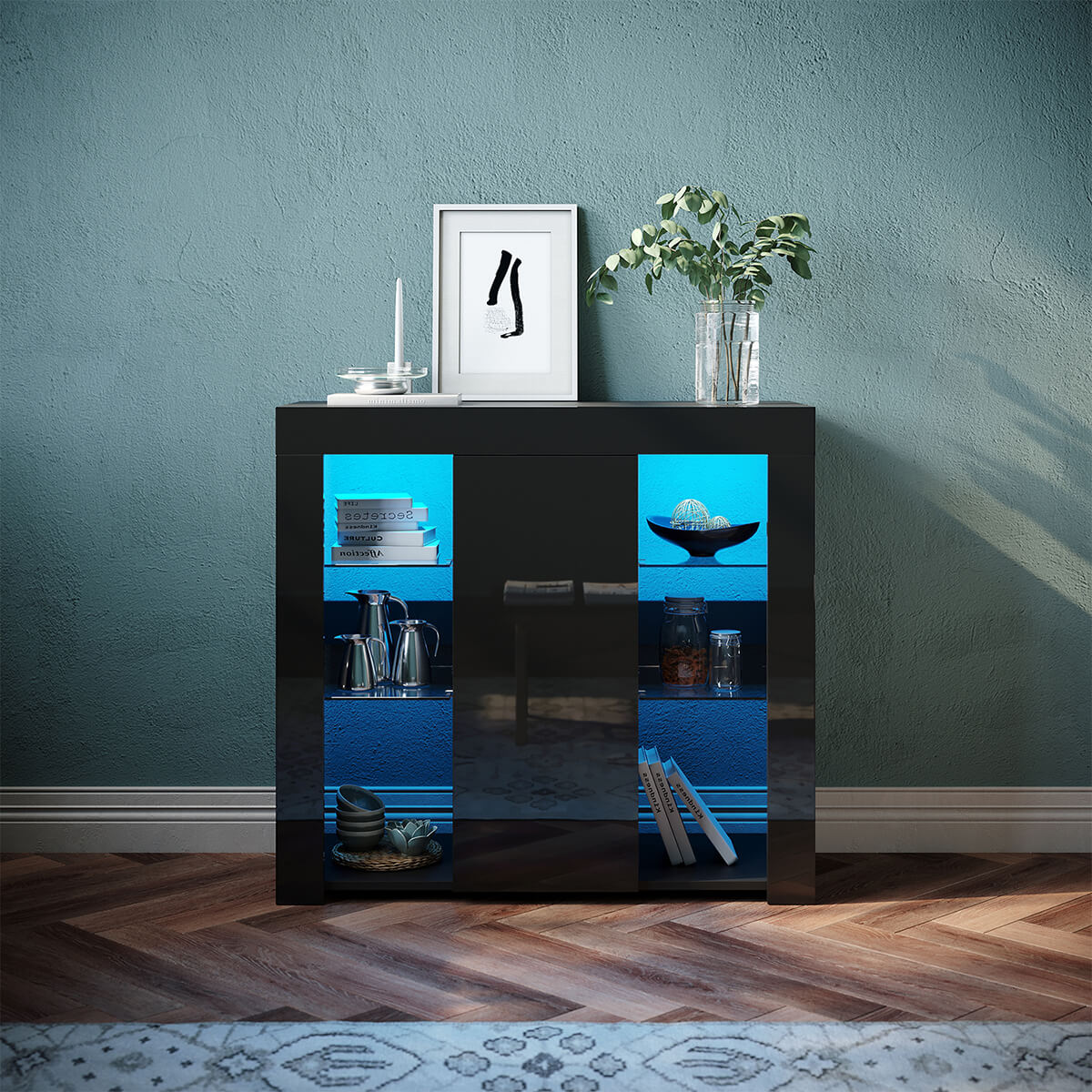 SONNI Kommode Sideboard mit LED Beleuchtung Schwarz Hochglanz Wohnzimm
