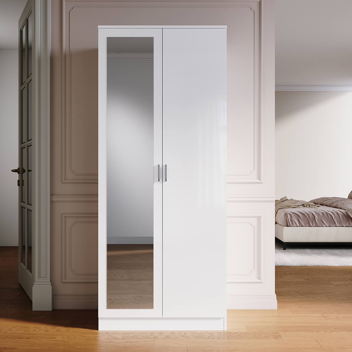 SONNI Modern Kleiderschrank 2-türig mit viel Stauraum, Vielseitiger Drehtürenschrank in Weiß mit Spiegeltür, Kleiner bis mittelgroßer Kleiderschrank