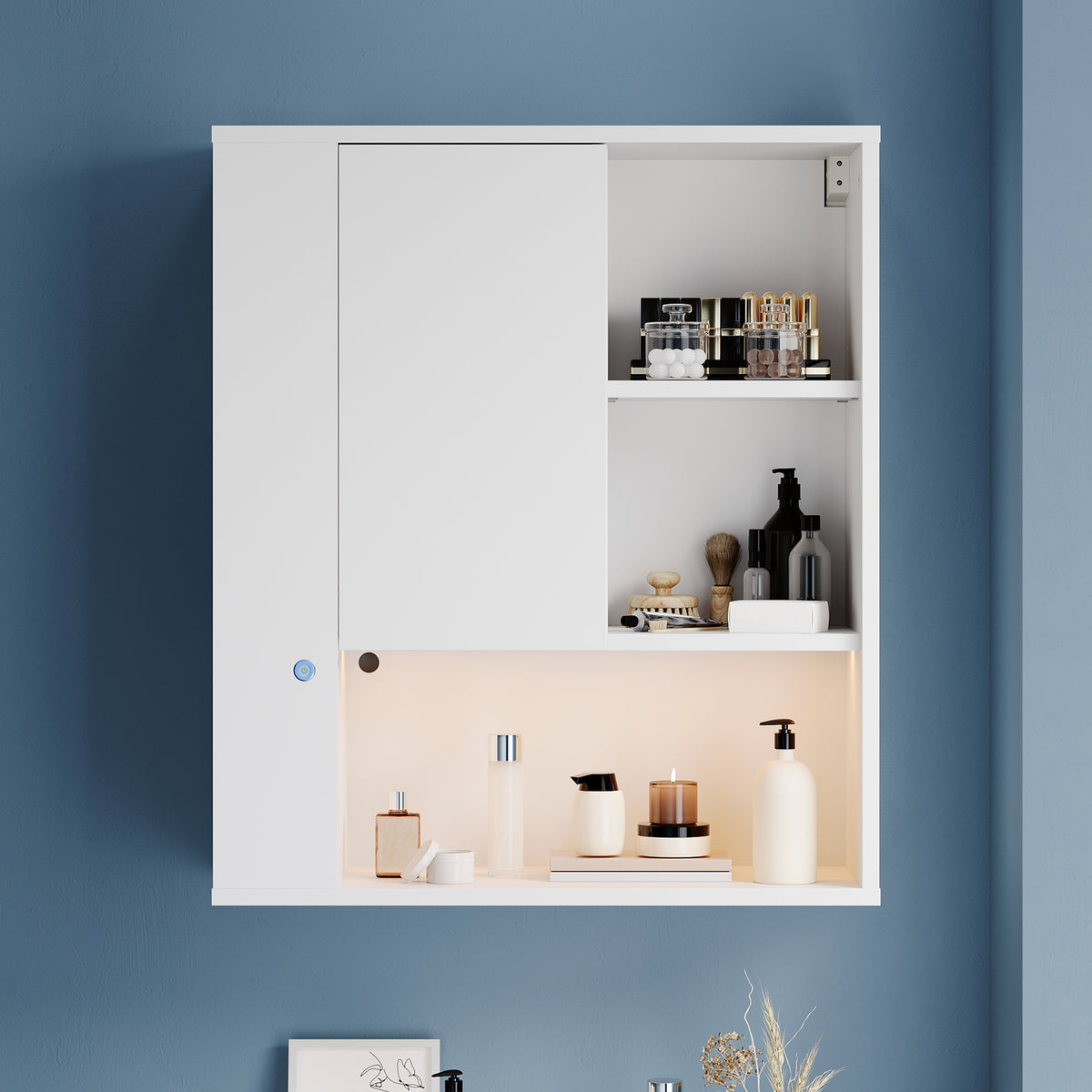SONNI Wand-Badezimmerschrank mit LED-Sensor, Badschrank zur Wandmontage mit Tür und offenen Fächern 60 x 23 x 70 cm Weiß