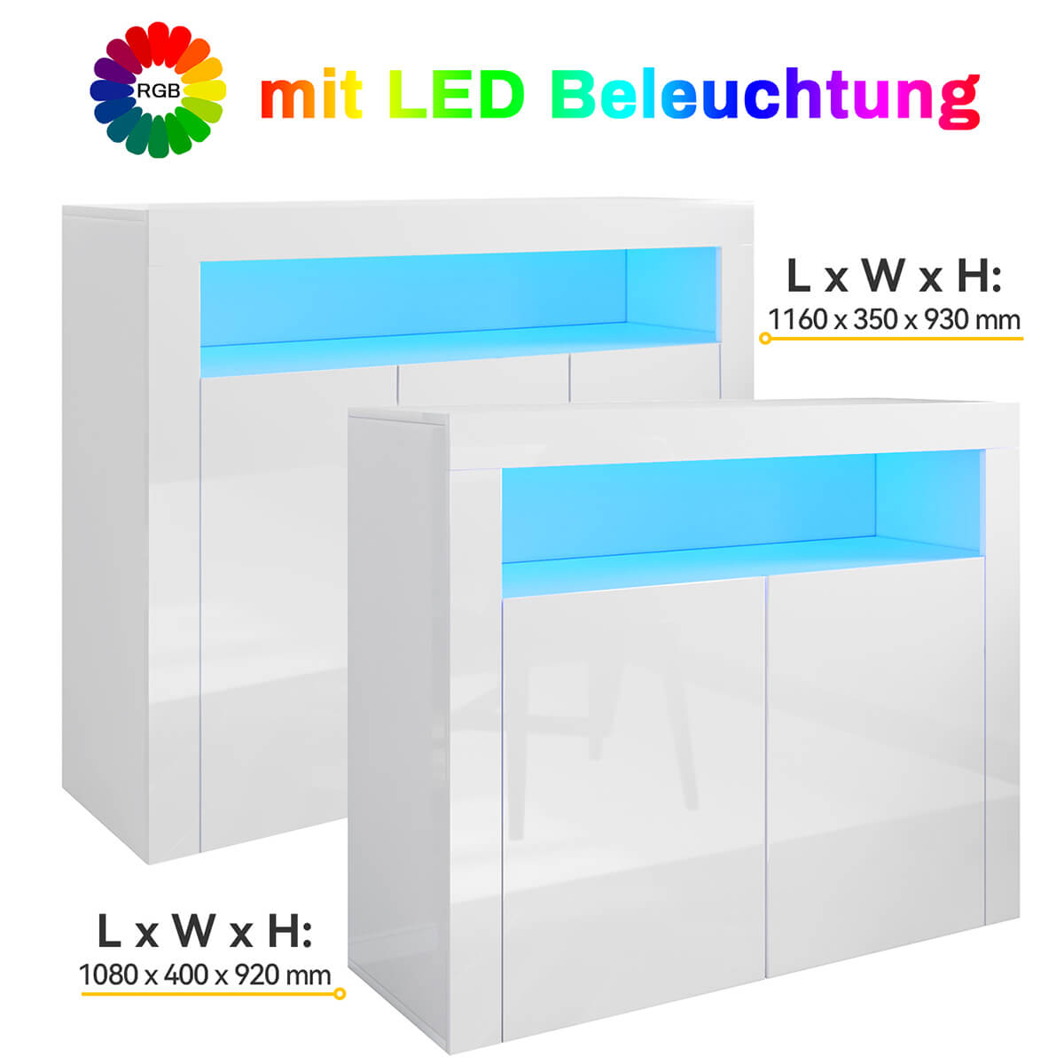 SONNI Sideboard Weiss Hochglanz Wohnzimmer, LED Kommode, Wohnzimmermöbel Wohnzimmerschrank Standschrank B116xH93xT35cm