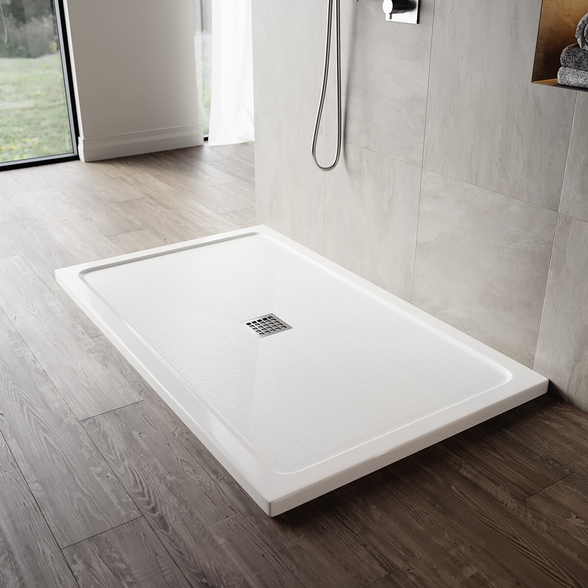 SONNI Quadratische Form Duschtasse- mit flachem Design, Rutschfeste Duschwanne aus, Material SMC, Mittige Entwässerung, inklusive Ablaufgarnitur