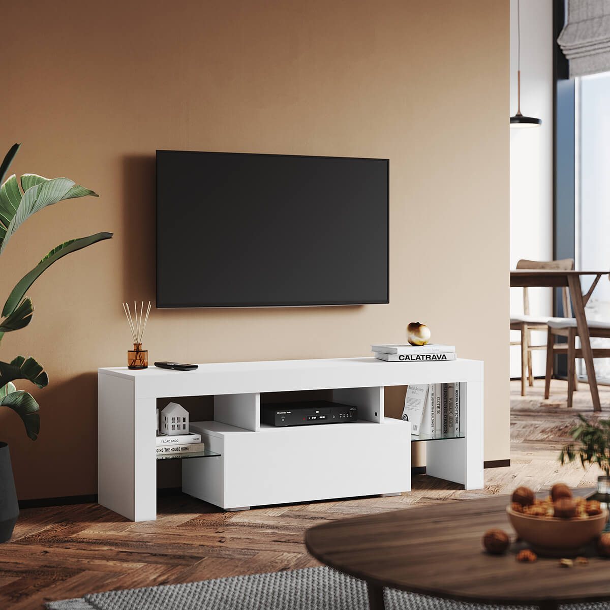 SONNI TV Schrank Weiss, TV Board Hochglanz, mit LED Beleuchtung(12 Farben können eingestellt Werden), mit Klapptür, mit Glasregal, Griffloses Design