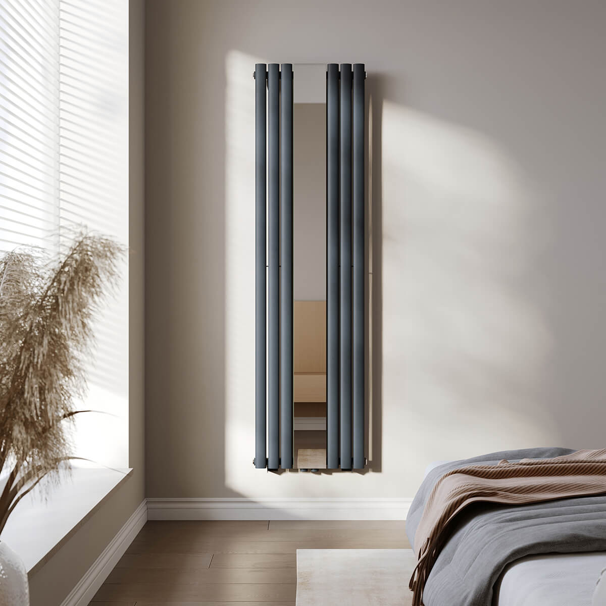 SONNI Röhrenheizkörper mit Spiegel Mittelanschluß Wandheizkörper 1800*500mm Anthrazit ohne/mit Mutiblock