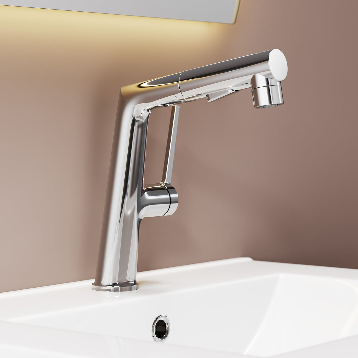 SONNI Waschtischarmatur verchromt, 3 Wasserauslassmodi Dualer Wasserfluss automatische Rückziehfunktion