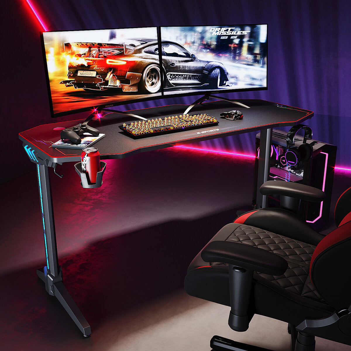 SONNI Gaming Tisch mit LED, RGB Gaming Schreibtisch mit großem Mauspad, Getränkehalter und Kopfhörerhaken, Schwarz 140cm