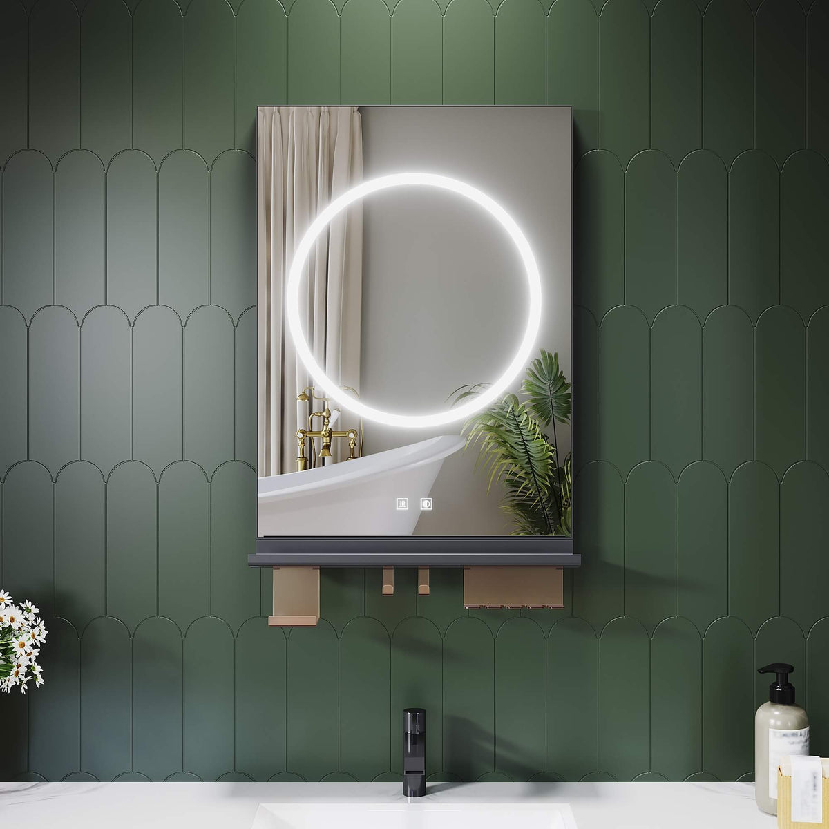 SONNI Badezimmerspiegel mit Beleuchtung 70x50 cm, LED Badspiegel mit Ablage, 3 einstellbare Lichtfarbe + Anti-Beschlag + Touchschalter, Ablage mit Handyhalter + Haken + Zahnbürstenhalter - Sonni Sanitär GmbH