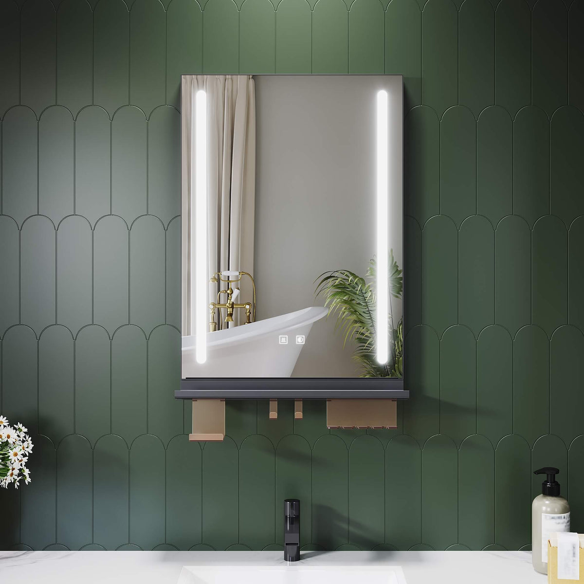 SONNI LED Badspiegel 50x70cm mit Ablage, Touch Badezimmerspiegel 3 Lichtfarben, Anti-Beschlag & Gedächtnisfunktion, Ablage mit Handyhalter + Haken + Zahnbürstenhalter + Becherhalter