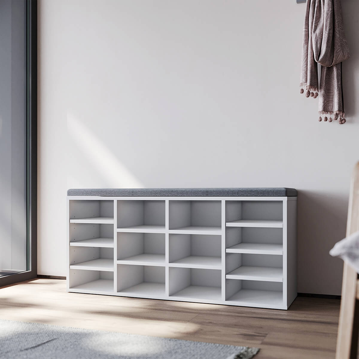 SONNI Schuhschrank mit Sitzbank, Schuhregal Weiß Holz, mit verstelbaren Einlegeböden, mit Stauraum Schuhablage, mit Grau Sitzkisse