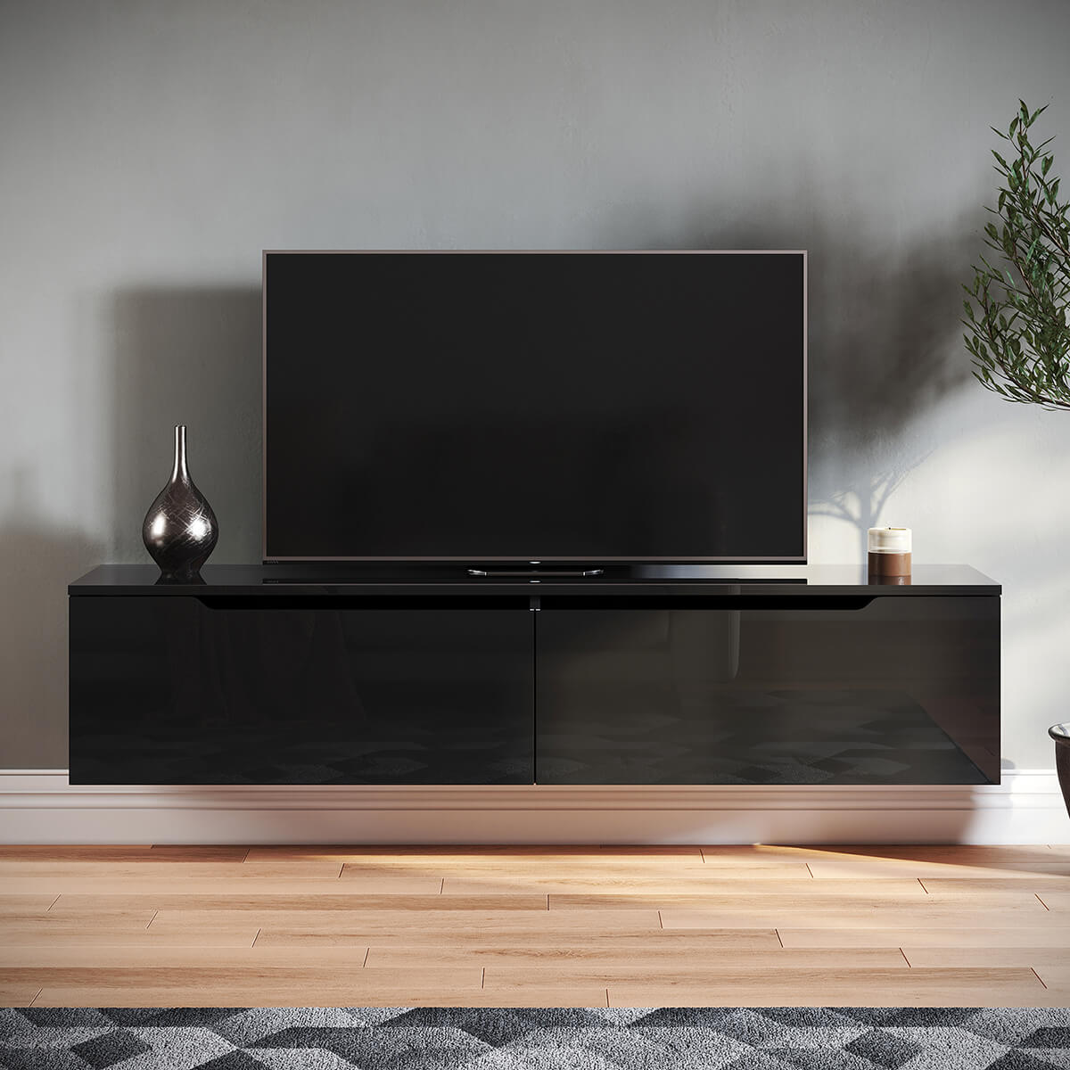 SONNI Lowboard,TV Board weiß/Schwarz hochglänzend hängend TV Schrank m