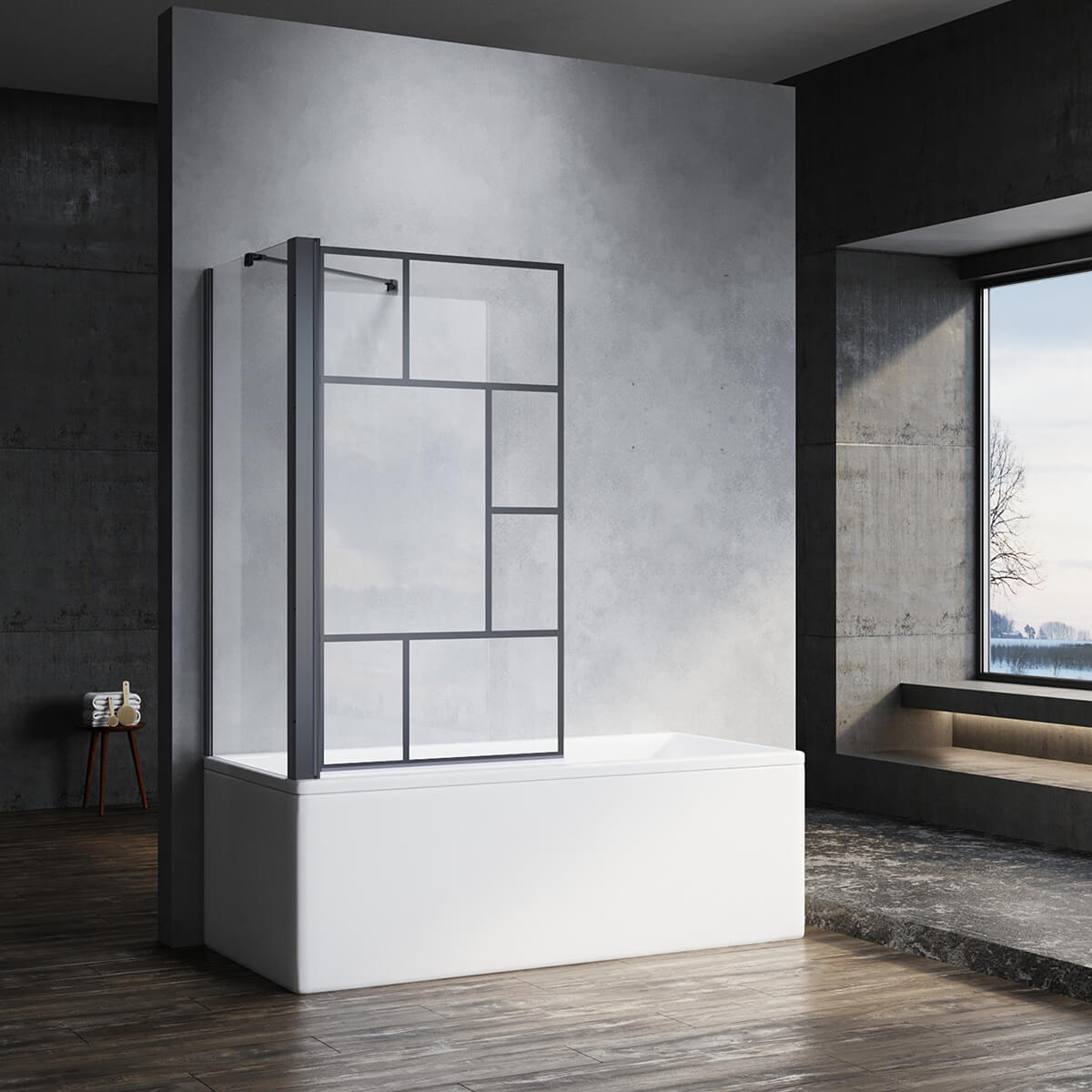 SONNI Duschwand für Badewanne mit Schwarzem Gitterdesign NANO-GLAS Badewannenaufsatz faltbar Duschabtrennung Badewanne 80x140 cm(BxH)