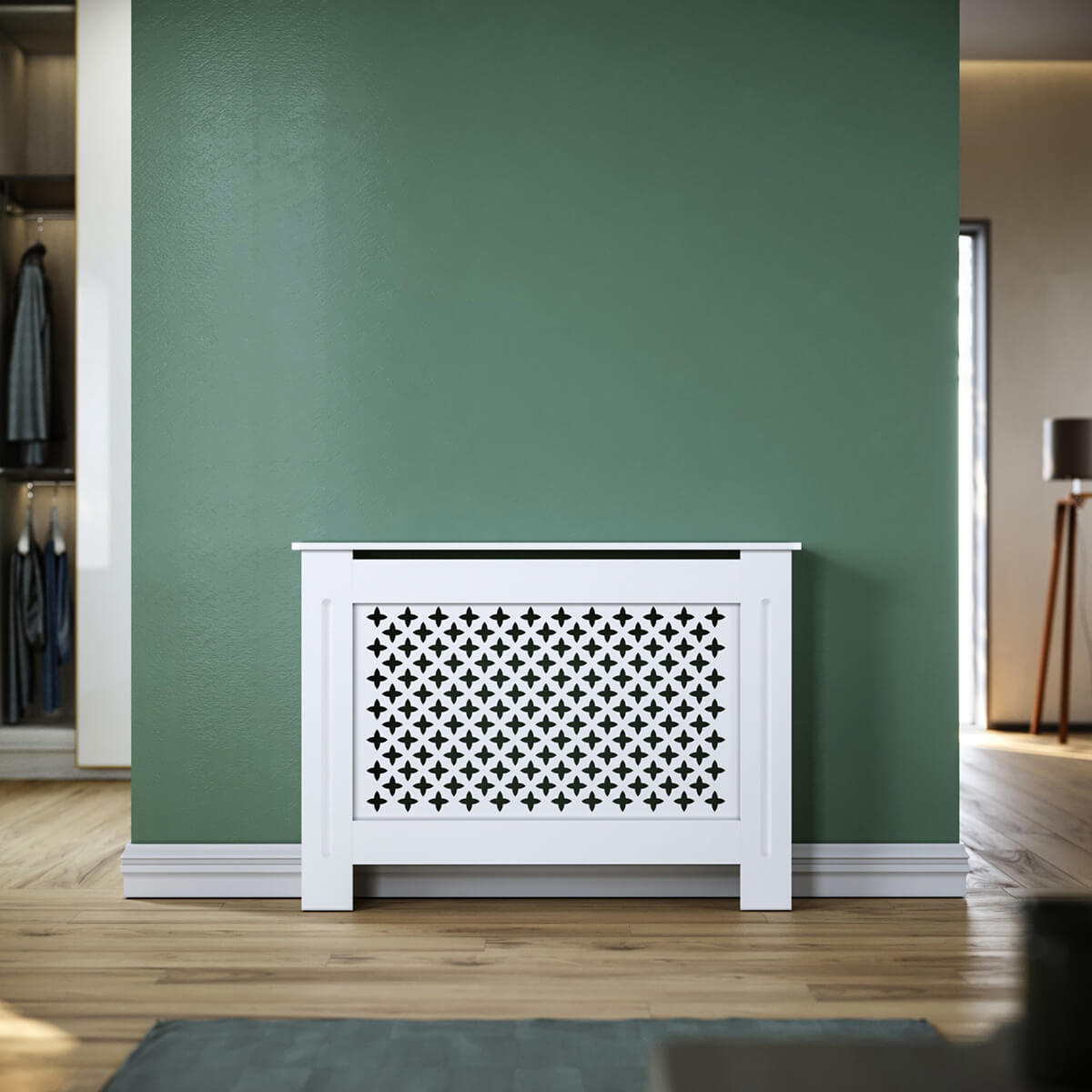 SONNI Heizkörperverkleidung Abdeckung Heizungsverkleidung weiß mit Kreuzgitter für Wohnzimmer Flur Diele B1120 x T190 x H815 mm