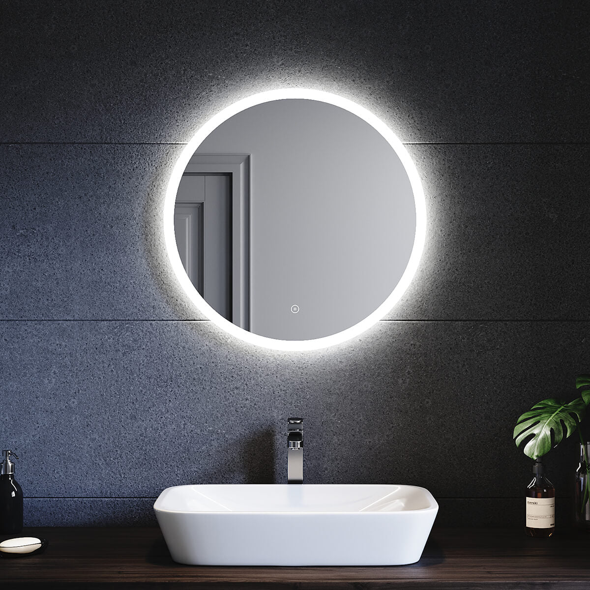 SONNI Badspiegel mit Beleuchtung Rund 60 cm Beschlagfrei Runder Badspiegel mit LED-Beleuchtung LED Badspiegel Rund mit Touch Schalter Wandspiegel Kaltweiß 6400K