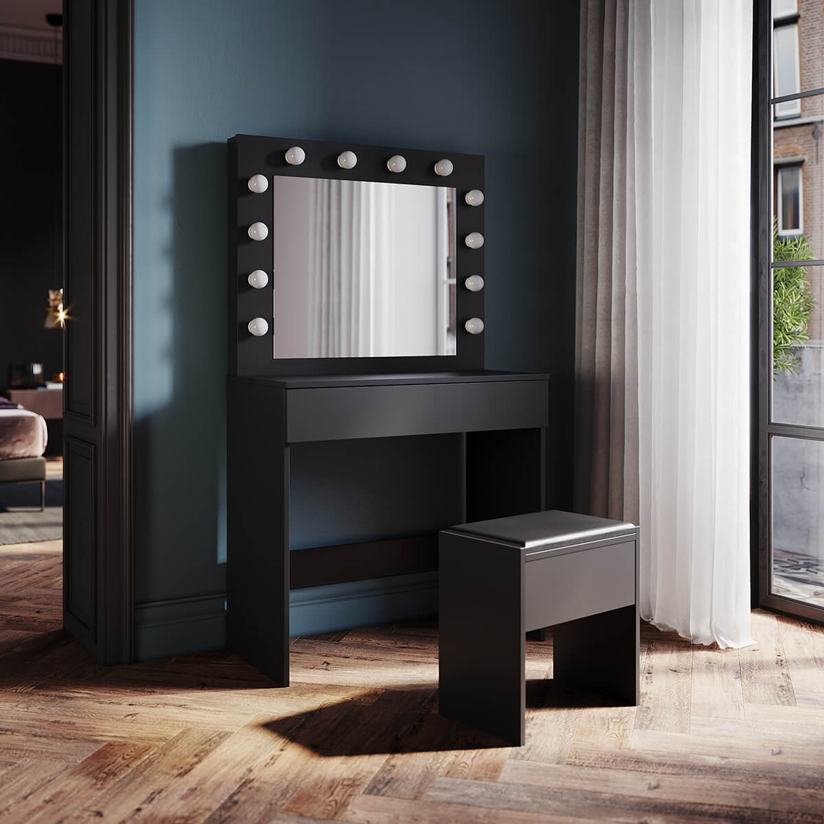 SONNI Schminktisch mit Hocker Spiegel, Kosmetiktisch mit Schubladen für Schlafzimmer, Frisiertisch Schreibtisch aus MDF und Massivholz, Kinderleichte Montage