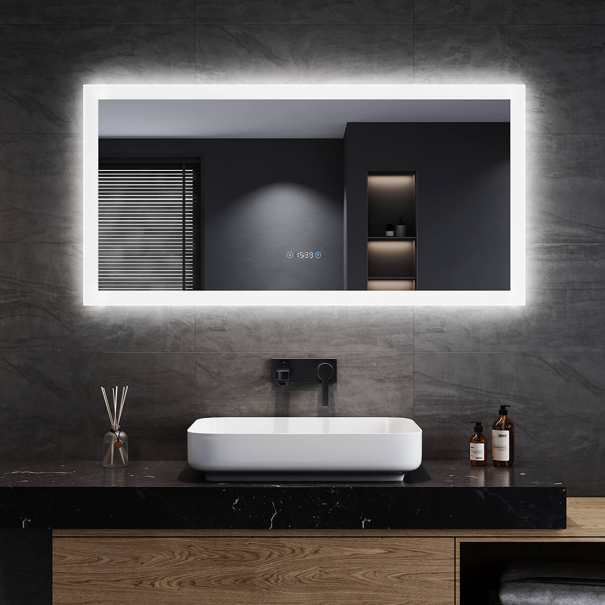 SONNI Badezimmerspiegel mit Beleuchtung 120x60 cm, 3 einstellbare Lichtfarbe, Anti-Beschlag LED Badspiegel Lichtspiegel Wandspiegel mit Touchschalter, Uhr, Temperatur