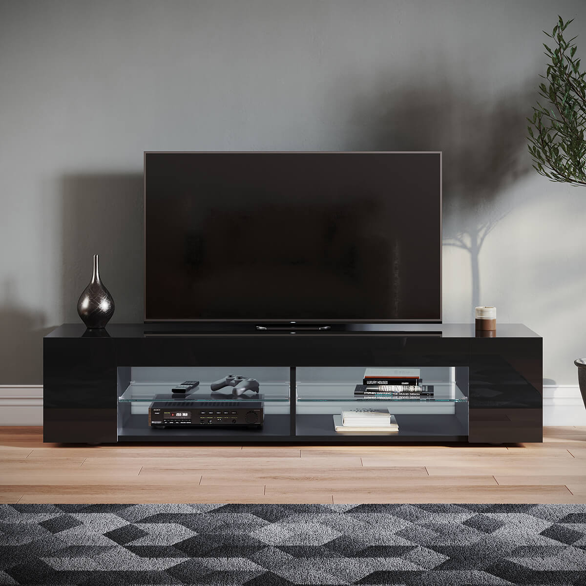 SONNI TV Board Lowboard Unterschrank Hochglanz Glasböden mit LED Beleuchtung Schwarz - Sonni Sanitär GmbH