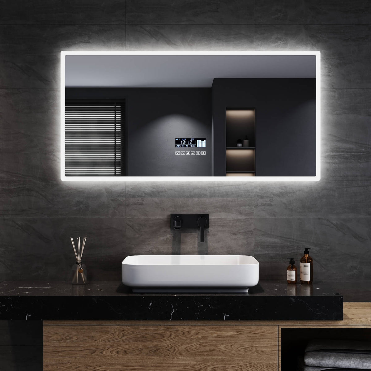 SONNI Badspiegel Bluetooth Lautsprecher LED beschlagfrei mit Uhranzeige Lichtspiegel 3 Lichtfarben einstellbar, 120x60 cm - Sonni Sanitär GmbH