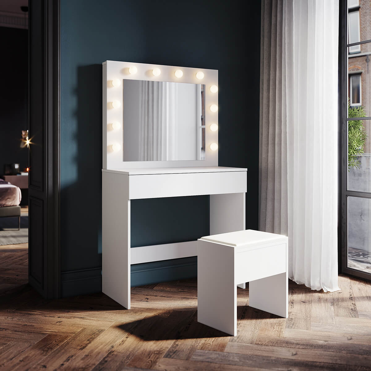 SONNI Schminktisch mit Hocker Spiegel, Kosmetiktisch mit Schubladen für Schlafzimmer, Frisiertisch Schreibtisch aus MFC und Massivholz, Kinderleichte Montage, Weiß
