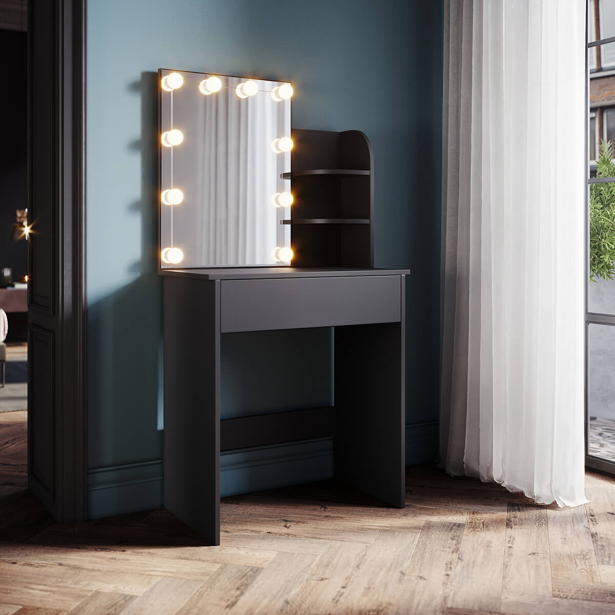 SONNI Schminktisch klein mit Beleuchtung und Spiegel, Schminktische mit Schubladen für Schlafzimmer, Einstellbare Helligkeit, schwarz
