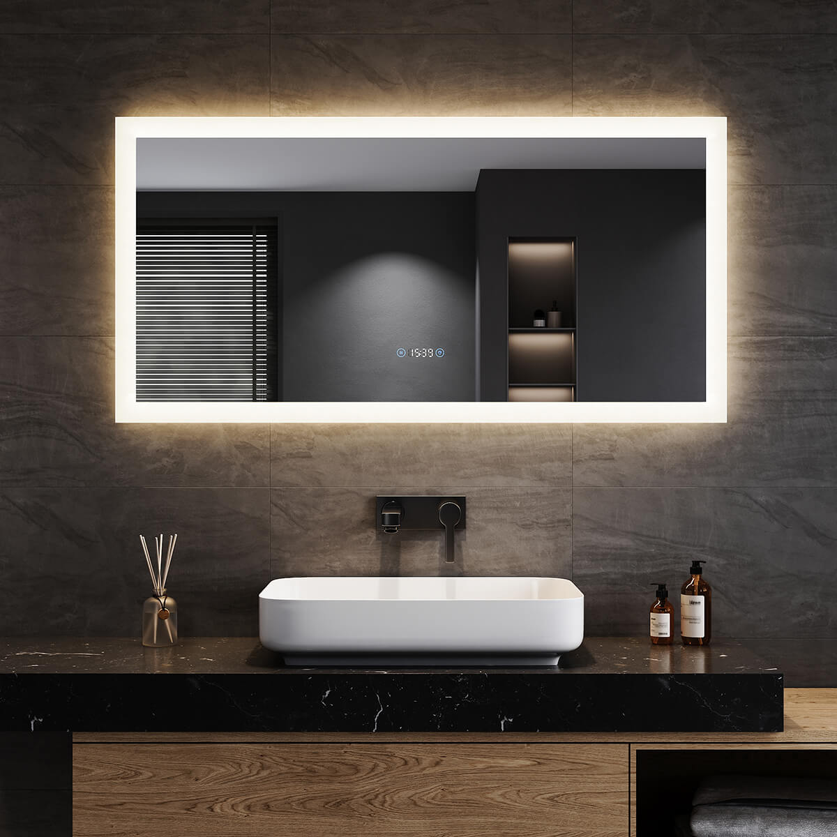 SONNI Badezimmerspiegel mit Beleuchtung 120x60 cm, 3 einstellbare Lichtfarbe, Anti-Beschlag LED Badspiegel Lichtspiegel Wandspiegel mit Touchschalter, Uhr, Temperatur