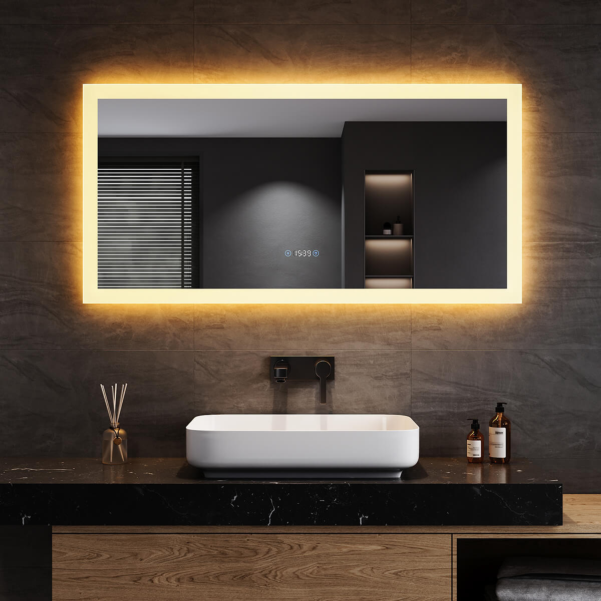 SONNI Badezimmerspiegel mit Beleuchtung 120x60 cm, 3 einstellbare Lichtfarbe, Anti-Beschlag LED Badspiegel Lichtspiegel Wandspiegel mit Touchschalter, Uhr, Temperatur