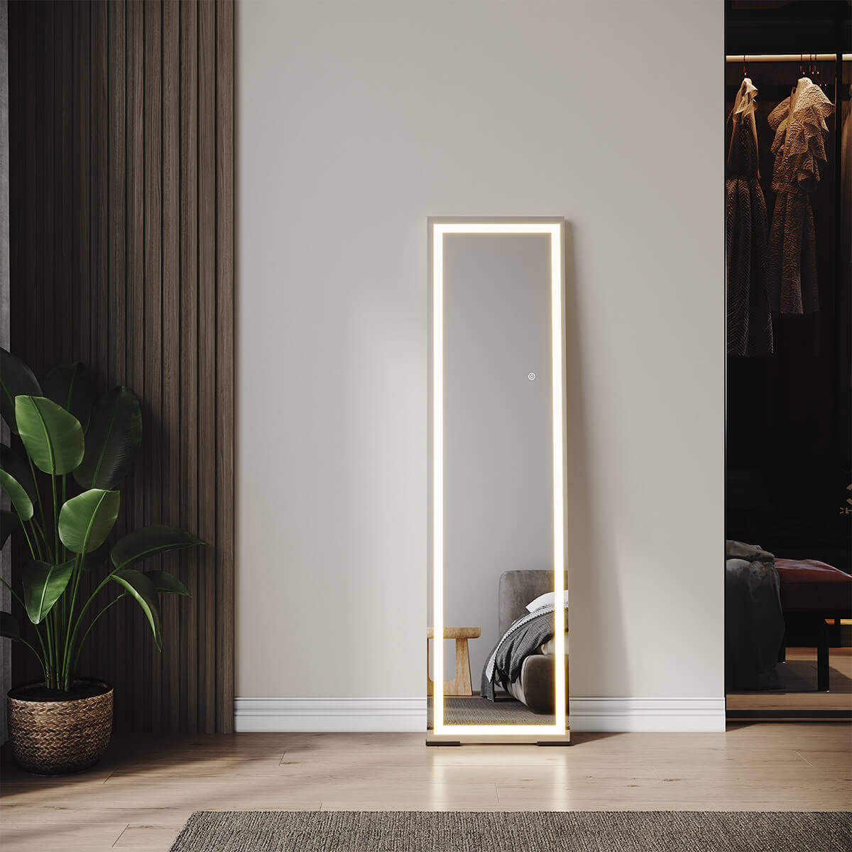 SONNI LED Bodenspiegel, beleuchteter Ganzkörperspiegel mit Touch-Schalter und Einstellbarer 3-Farben Lichtquelle, großer dimmbarer Steh-Kosmetikspiegel für Schlafzimmer 150 x 40 cm