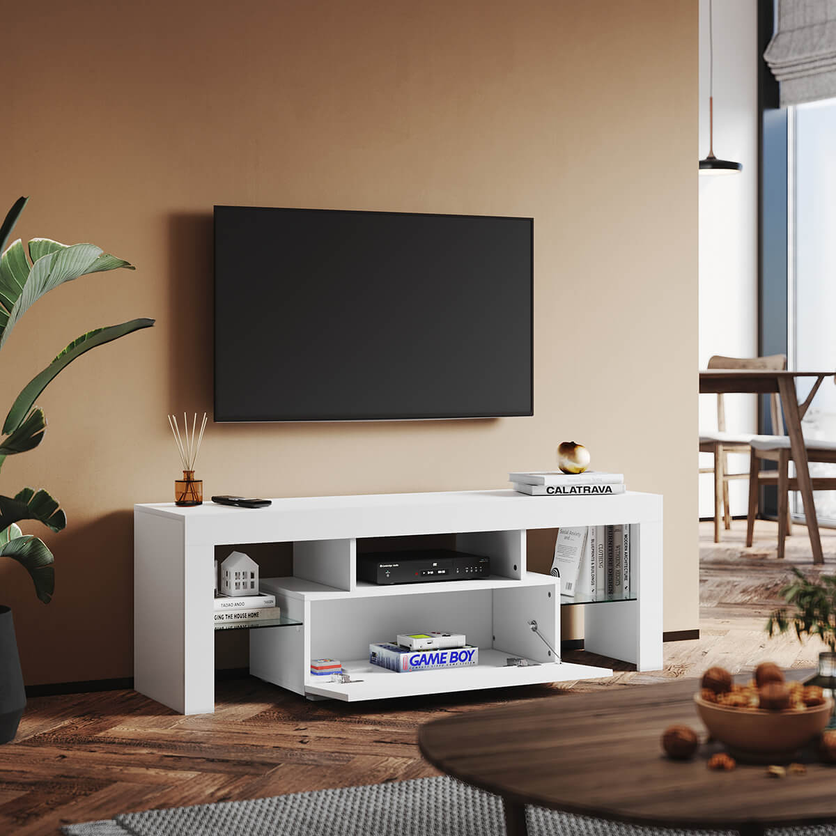 SONNI TV Schrank Weiss, TV Board Hochglanz, mit LED Beleuchtung(12 Farben können eingestellt Werden), mit Klapptür, mit Glasregal, Griffloses Design