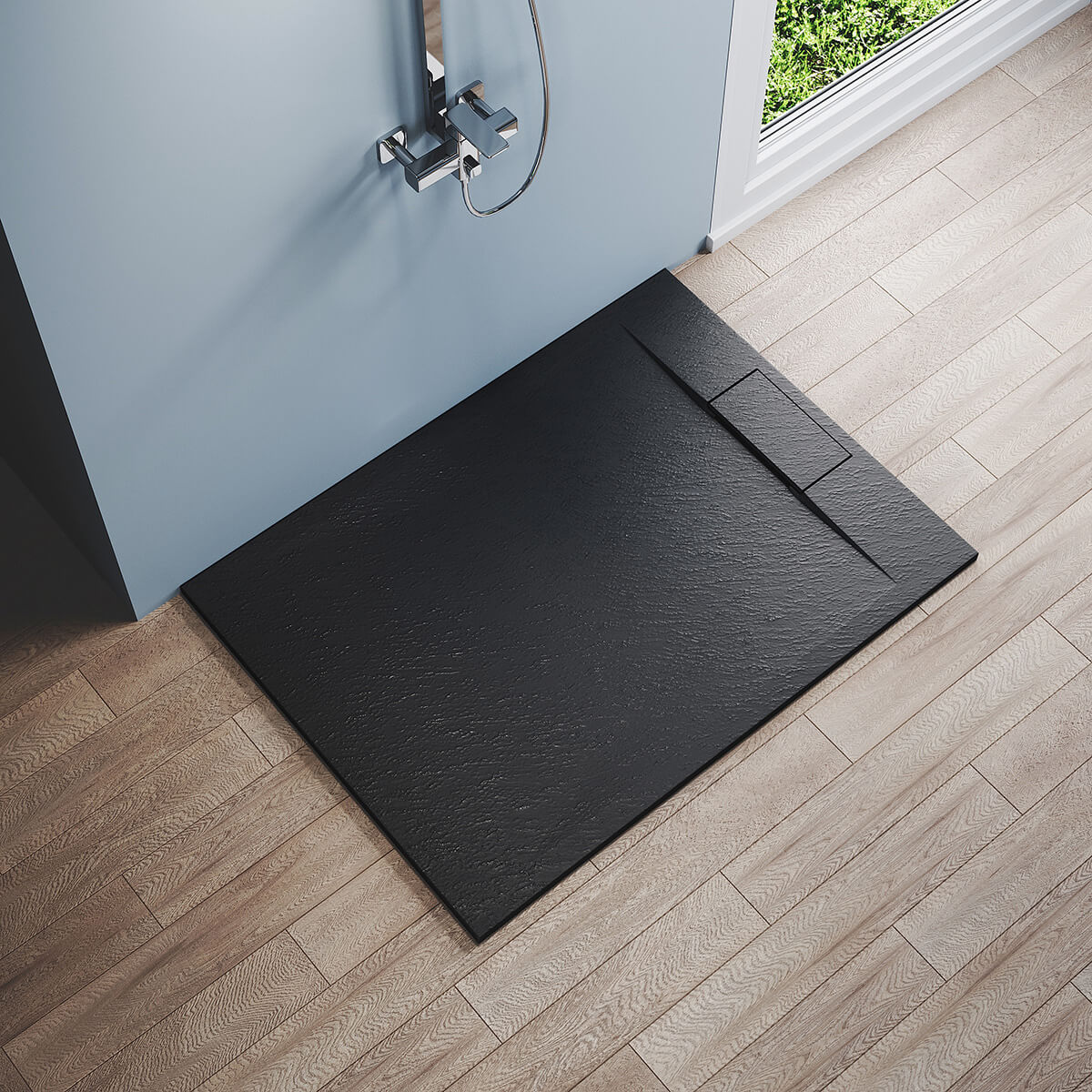 SONNI Duschwanne 120x90/140x90 cm Flach Duschtasse mit Ablaufgarnitur Komplettset Rechteckig Duschtassen Schieferoptik